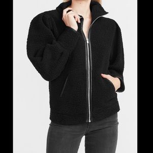 Leather trim Sherpa zipper sweatshirt